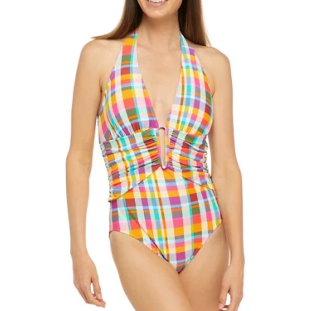 Into The Bleu by Amrex Plaid Halter Style One Piece Swimsuit with Plunging Front